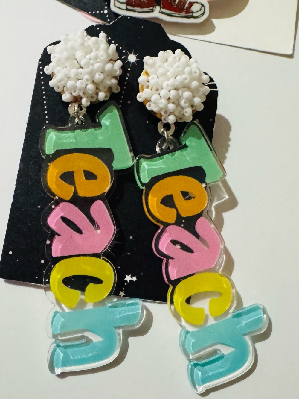 ‘Teach' Colorful Acrylic Dangle Earrings - White Beaded Studs